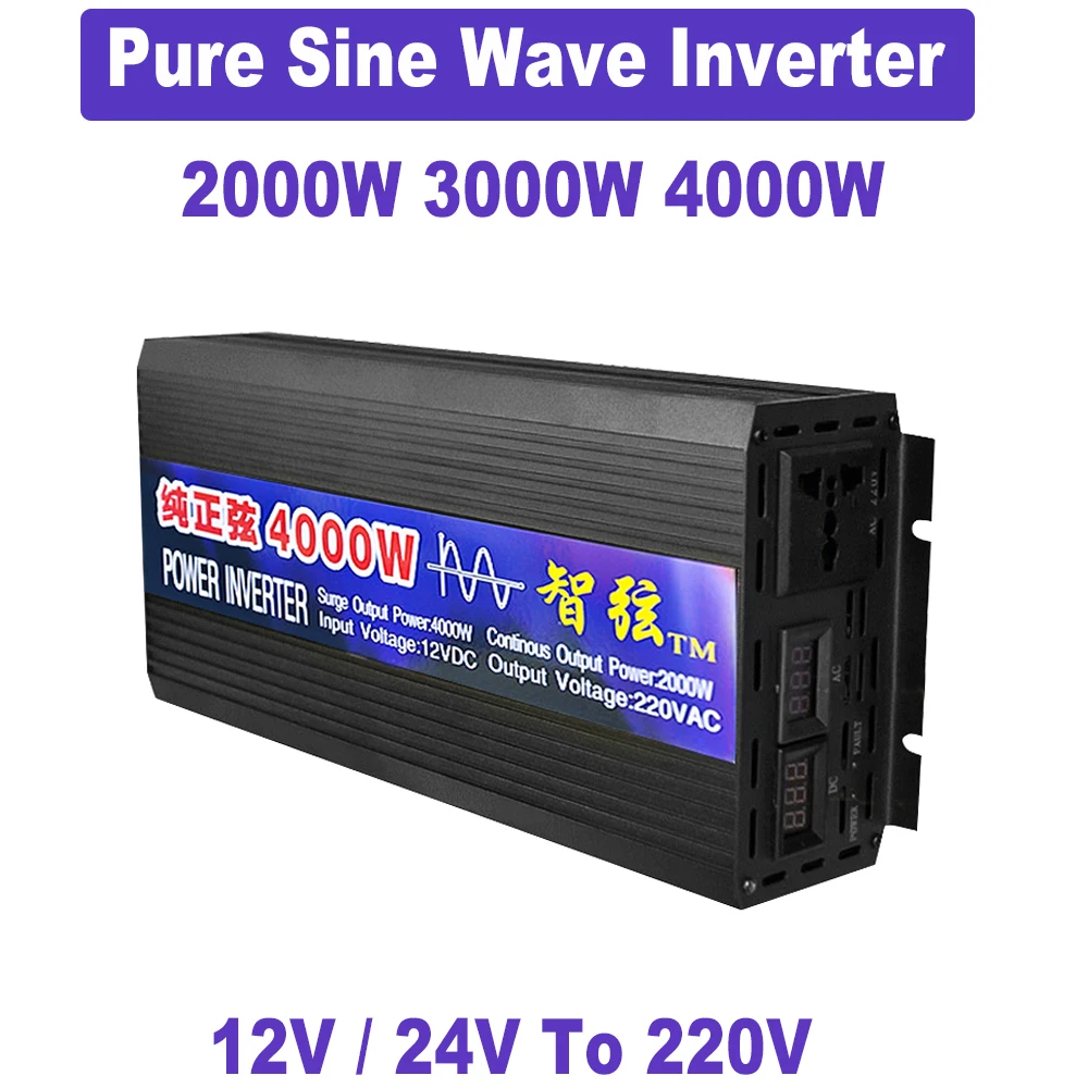

Pure Sine Wave Inverter 2000W 3000W 4000W With LED Display DC 12V 24V To AC 220V Voltage Converter Power Solar Car Inverters