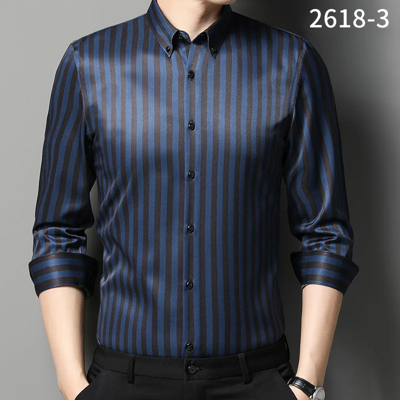2022 New Stretch Business Shirt Stripe Long Sleeve Casual Trim Youth Long Sleeve Shirt Four Seasons No-iron Men's Shirt