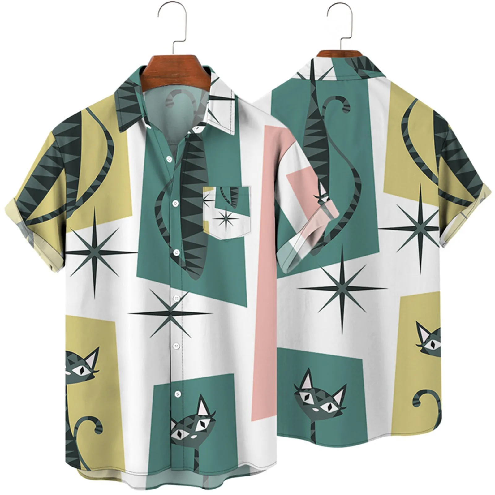 

Mens Printed Hawaiian Shirts Short Sleeve Button Down Beach Shirts Man Jumpsuit