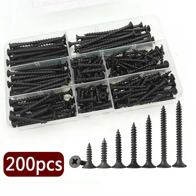 

200pcs/box Carbon Steel High Hardness Cross Countersunk Head Tapping Screws Drywall Screws Kit For Gypsum Board Wood Screws