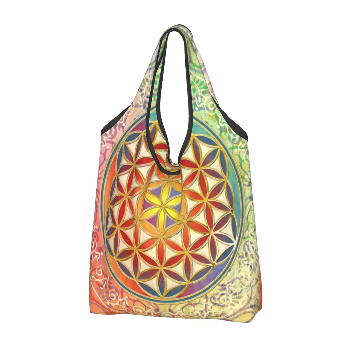 

Многоразовая винтажная Геометрическая Сумка для покупок с изображением цветов жизни, женская сумка-тоут, портативные сумки для продуктов с мандалой