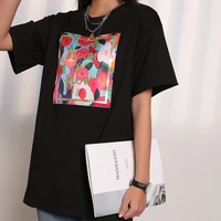 women mid length o neck loose tops breathable flower graphic t shirts summer casual sport white black cotton tees oversized new