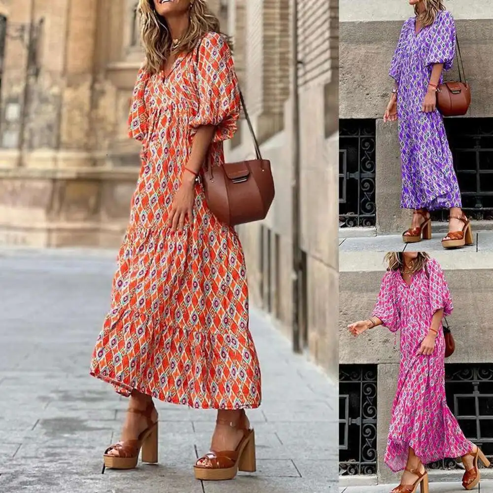 

Womens Spring Long Sleeved Dress Bohemian Print Street Blast