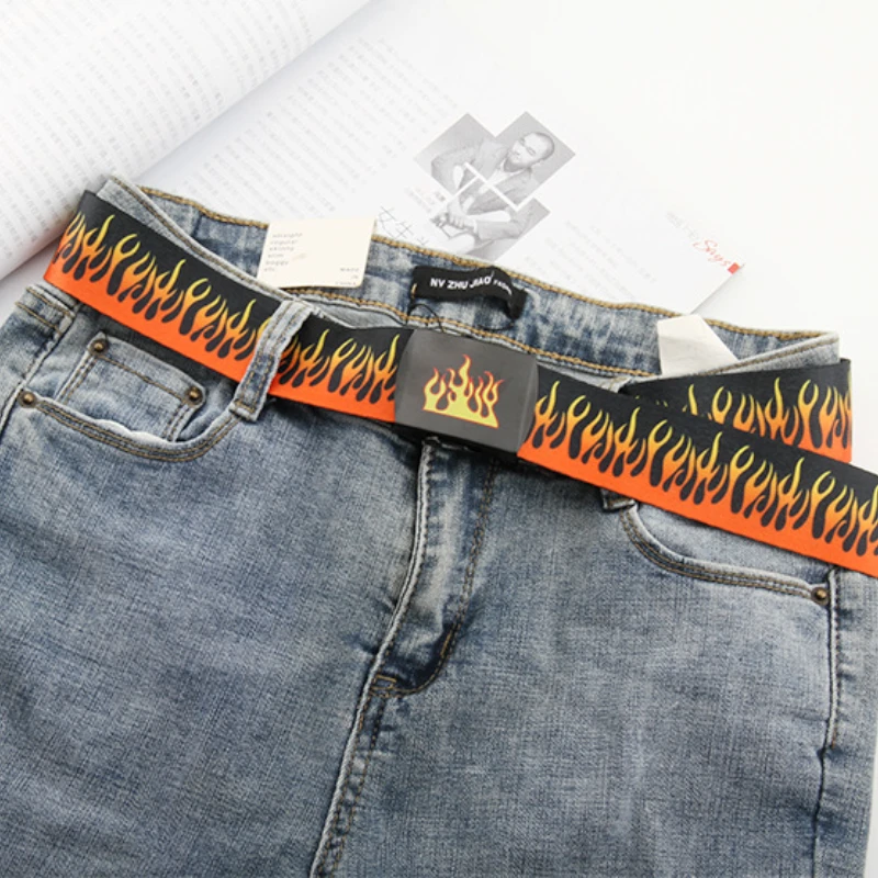 

Men's Canvas Belt 3.8cm Wide Harajuku Fashion Hip-hop Korean Version of The Trendy Personality Casual Flame Pattern Belts