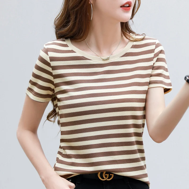 #0203 летняя полосатая футболка женская короткая с круглым вырезом коротким