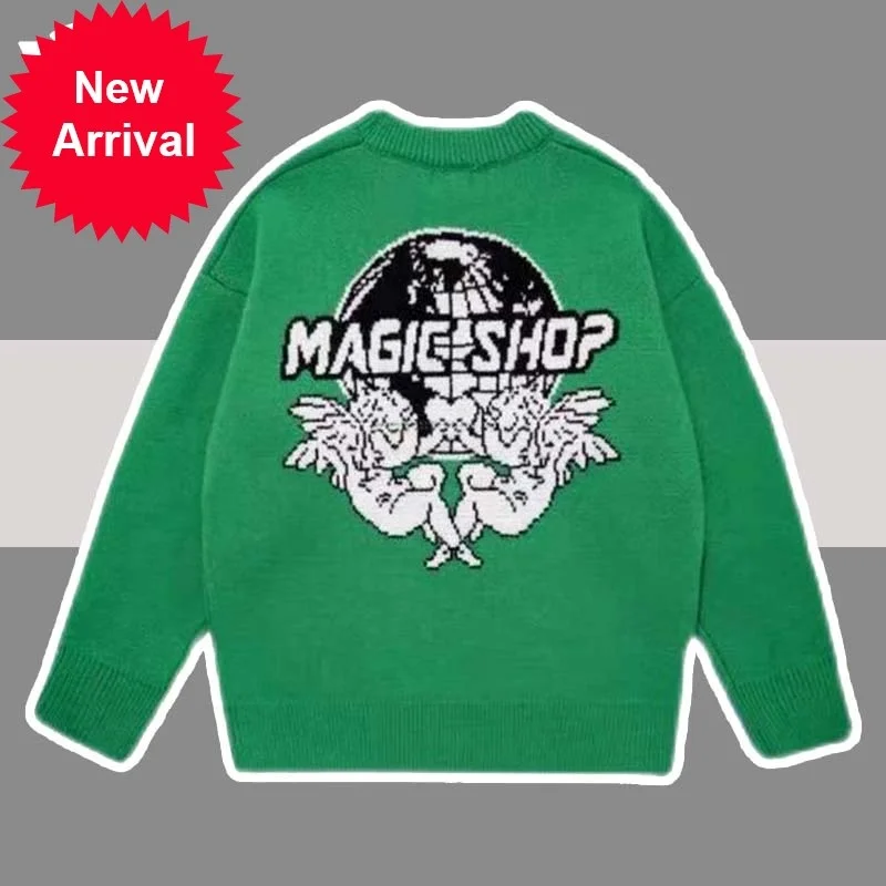 

Sweater Hip Hop Knitted Men Letter Angel Pattern Sweaters Loose Jumpers Harajuku College Casual Knitwear Pullover New Spring