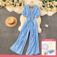 sexy women overalls 2022 elegant v neck polka dot jumpsuits casual office ladies wide leg pants high waist femme trousers