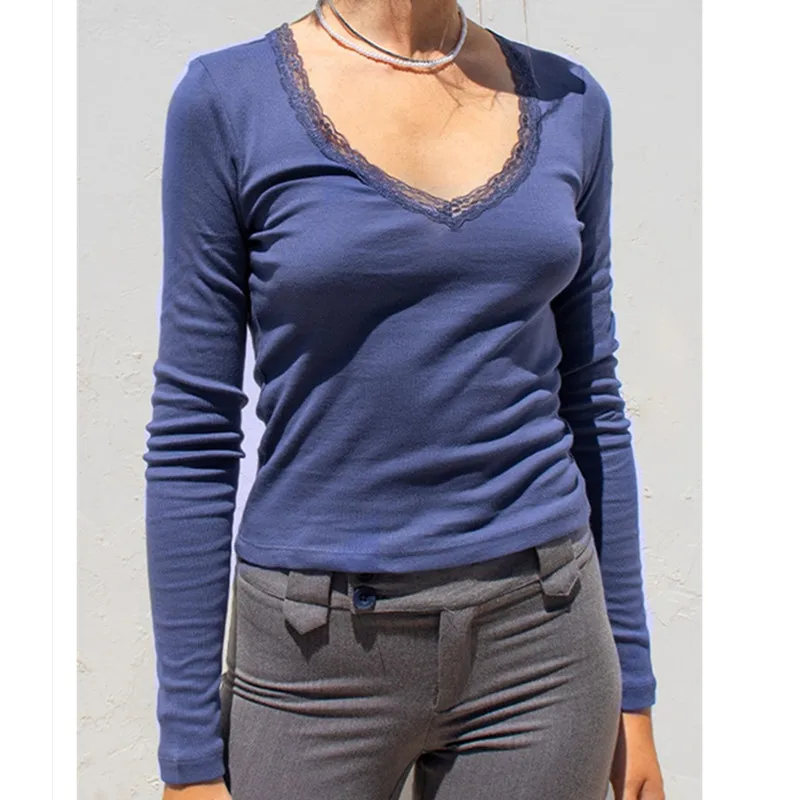 

Женская футболка с кружевной отделкой, готический облегающий кроп-топ с V-образным вырезом и длинным рукавом, Повседневная Уличная одежда, 3 цвета, осень-весна