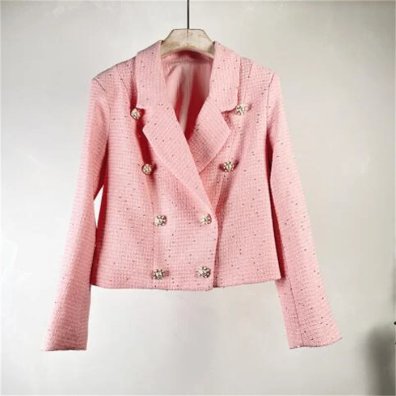 Ladies thin slim fit jacket women short coats spring summer new double-breasted suit collar top pink white fashion clothes