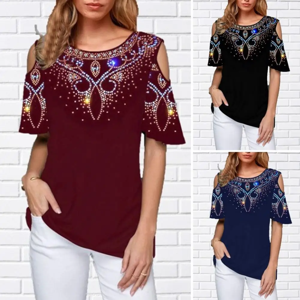 

Women T-shirt Round Neck Cold Shoulder Short Sleeves Breathable Streetwear Sweat Absorbing Floral Print Women's T Shirt