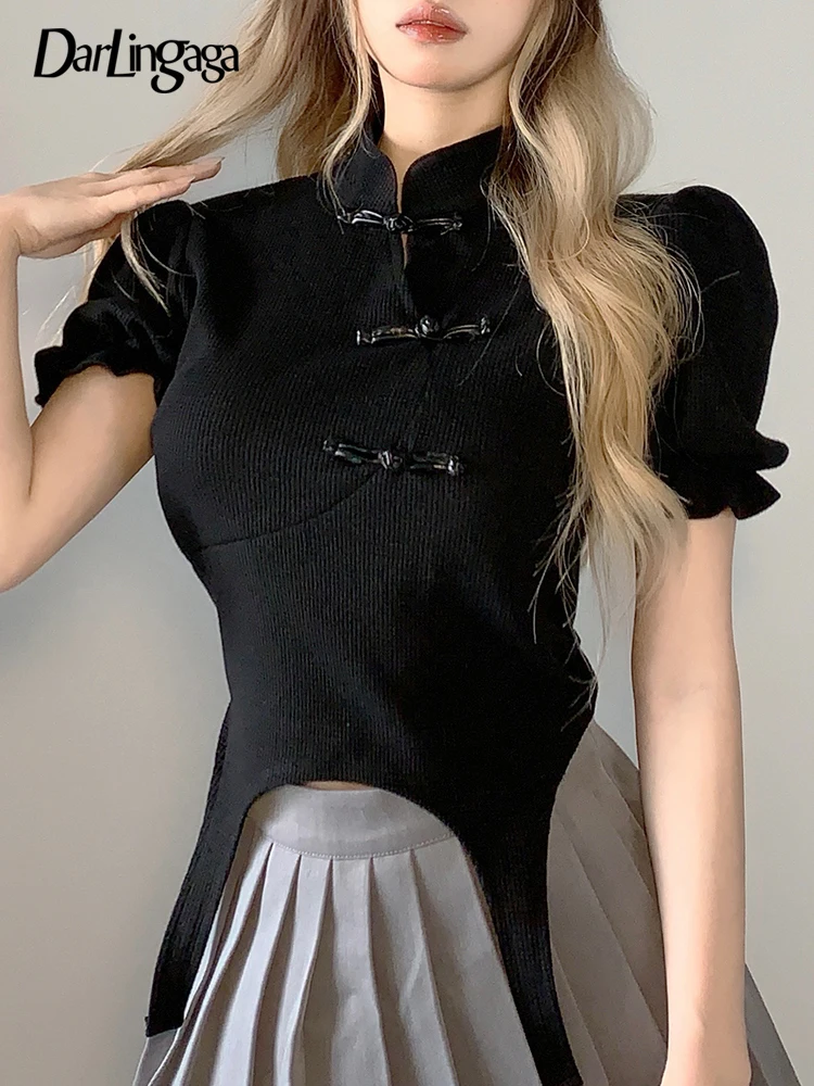 

Черная Женская футболка Darlingaga в винтажном китайском стиле, облегающие Асимметричные укороченные топы Pankou, базовая праздвечерние чная одеж...