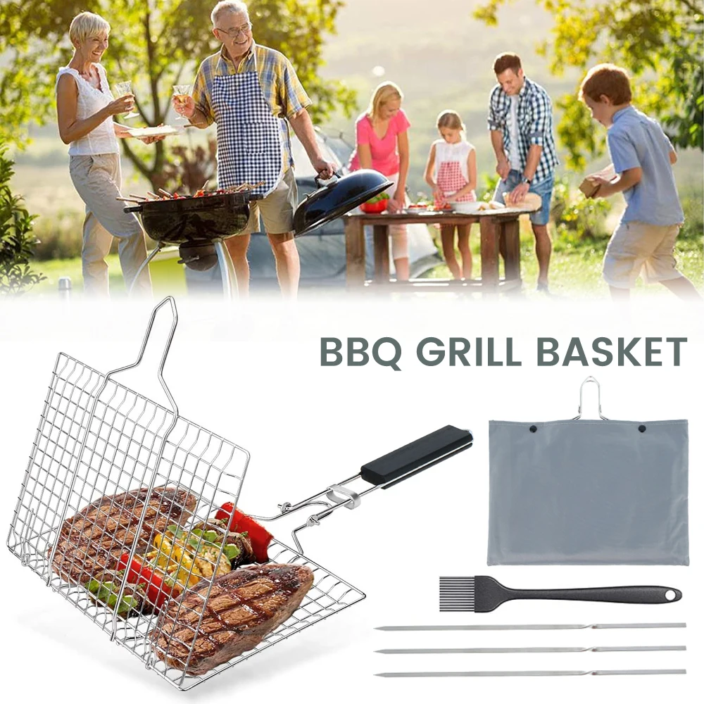 

Portable BBQ Grill Basket Stainless Steel Barbecue Fish Grilling Basket Grill BBQ Net with Foldable Handle for Grilling