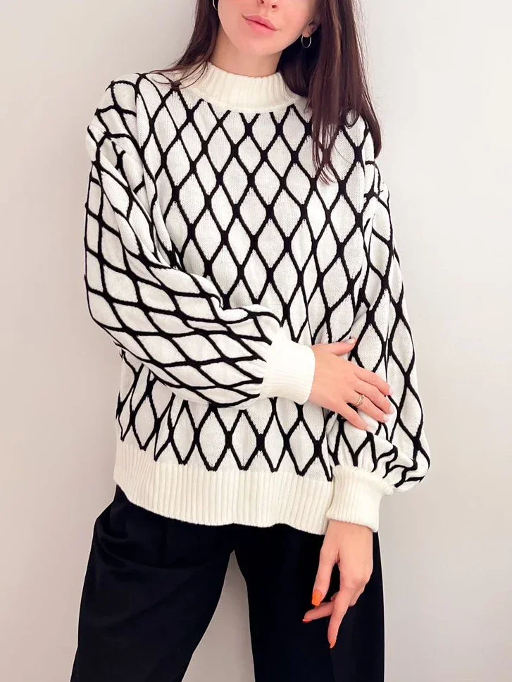 Зимний женский свитер с высоким воротником в клетку толстые теплые вязаные