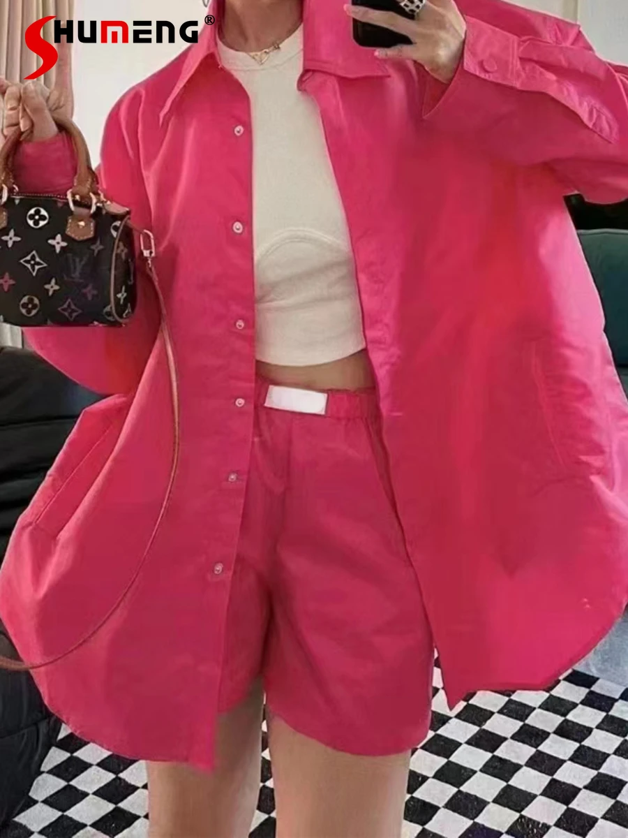 

Sweet Candy Color Shirt Shorts Suit Women Korean Style High Sense Polo Collar Long Sleeve Blouse Top Casual Shorts Two-Piece Set