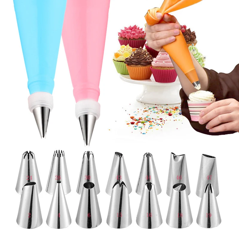 

16Pcs/set Silicone Pastry Bag Icing Piping Cream Reusable Pastry Bags with Stainless Nozzle Cake Decorating Kitchen Baking Tools