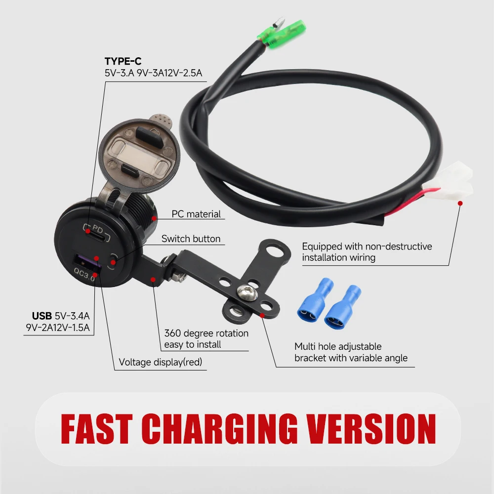 Подходит для мотоцикла Vulcan S 650, QC3.0, USB, адаптер с двумя портами, разъем питания, быстрая зарядка телефона, водонепроницаемый, пластик, алюминий (art.: 3920d9deb3aee) - 3920d9deb3aee