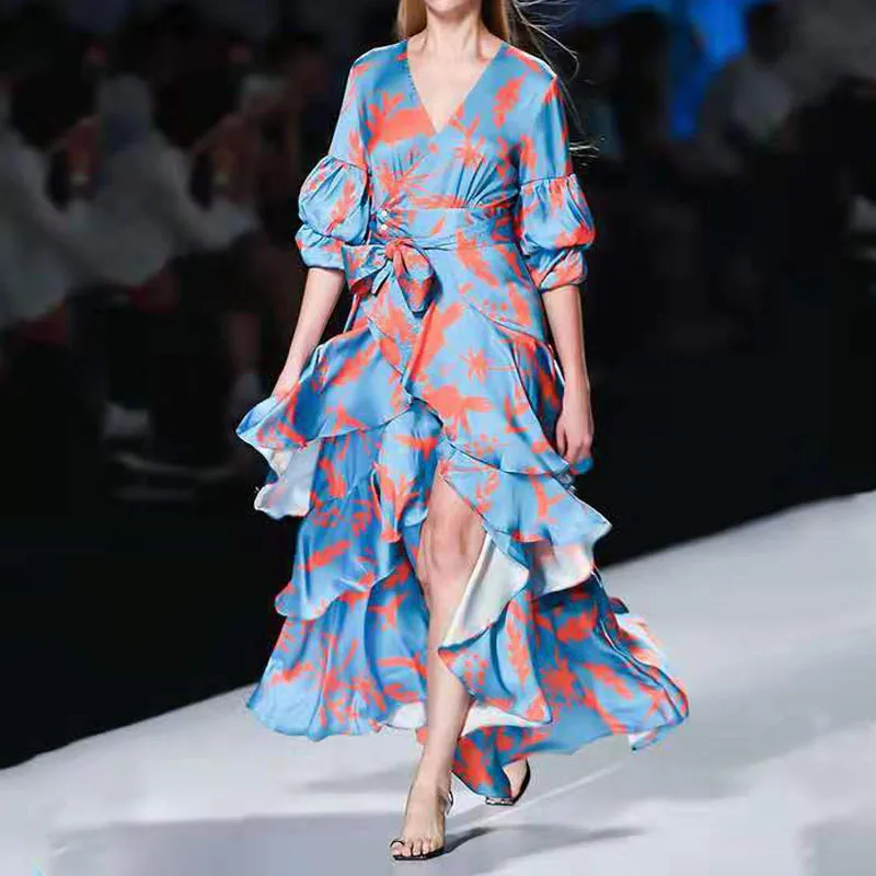 

Retro Floral Lantern Sleev Long Dress Spring Autumn Women Long Sleeve Maxi Dress 2022 High r Style Bishop Sleeve Irregular Dress