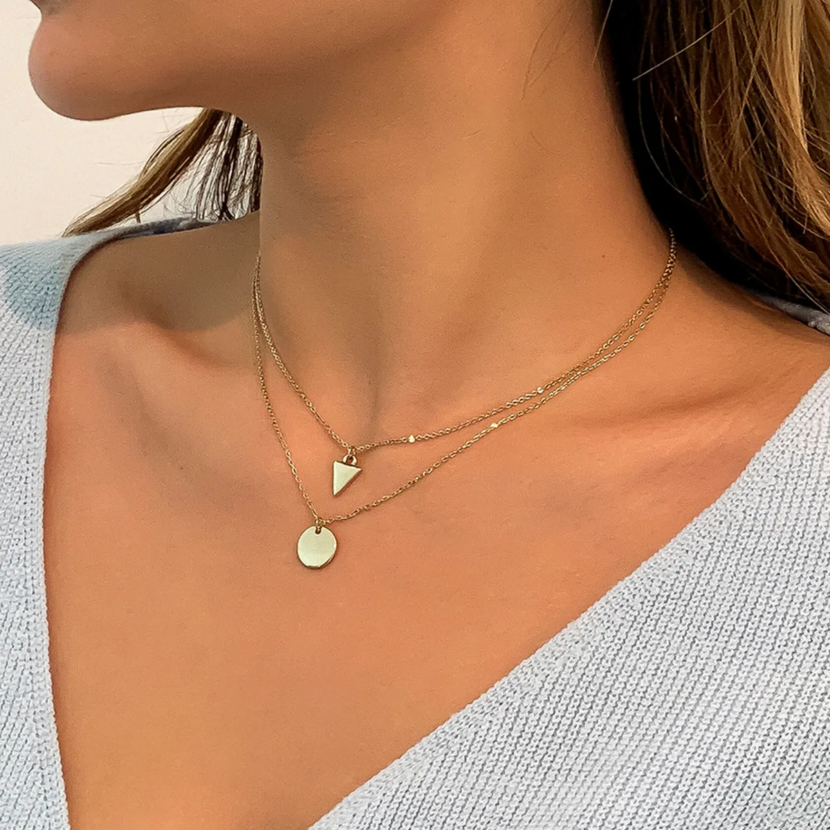 Simple Double Layer Metal Clavicle Necklace Women 2022 New Vintage Triangle Disc Alloy Pendant Necklaces Girls Fashion Jewelry