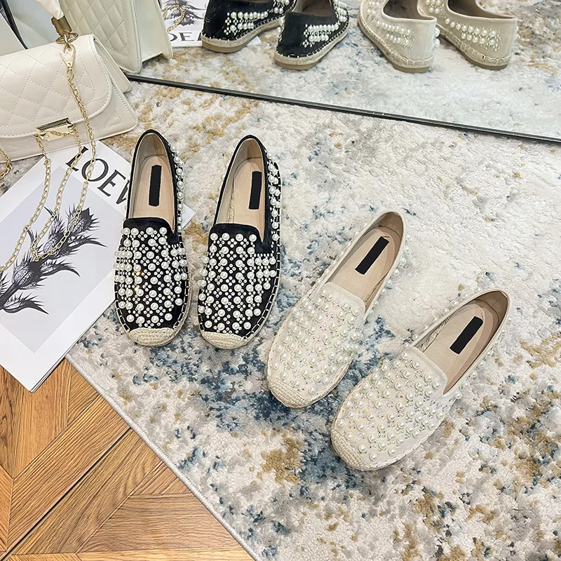 Women Oxford Straw Fisherman Shoes Ladies Flats Loafers Feminino Pearl Beaded Diamonds Espadrilles