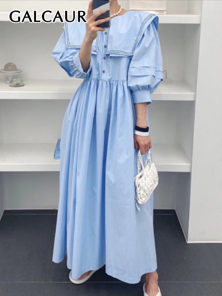 

GALCAUR Plain Dress For Female O Neck Lantern Three Quarter Sleeve High Waist Elegant Loose Midi Dresses Women 2022 Summer Style