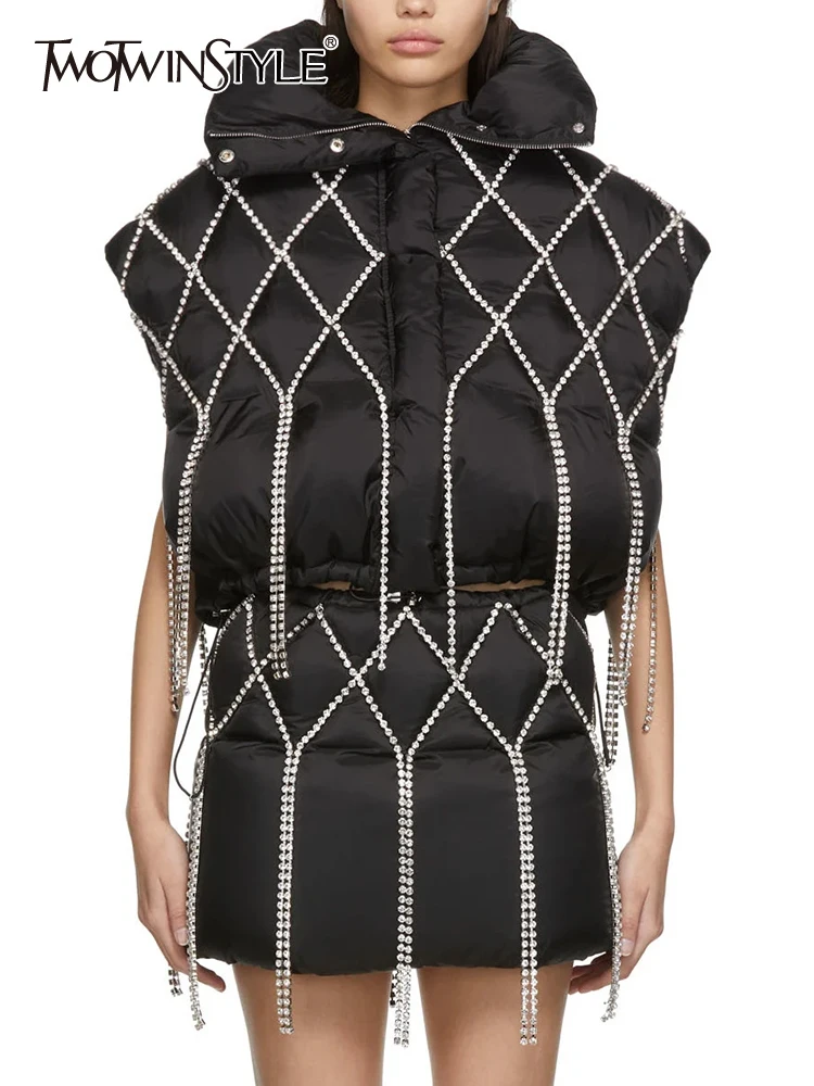 

TWOTWINSTYLE Solid Spliced Diamonds Waistcoats For Women Turtleneck Sleeveless Loose Casual Winter Coat Female Fashion Clothing