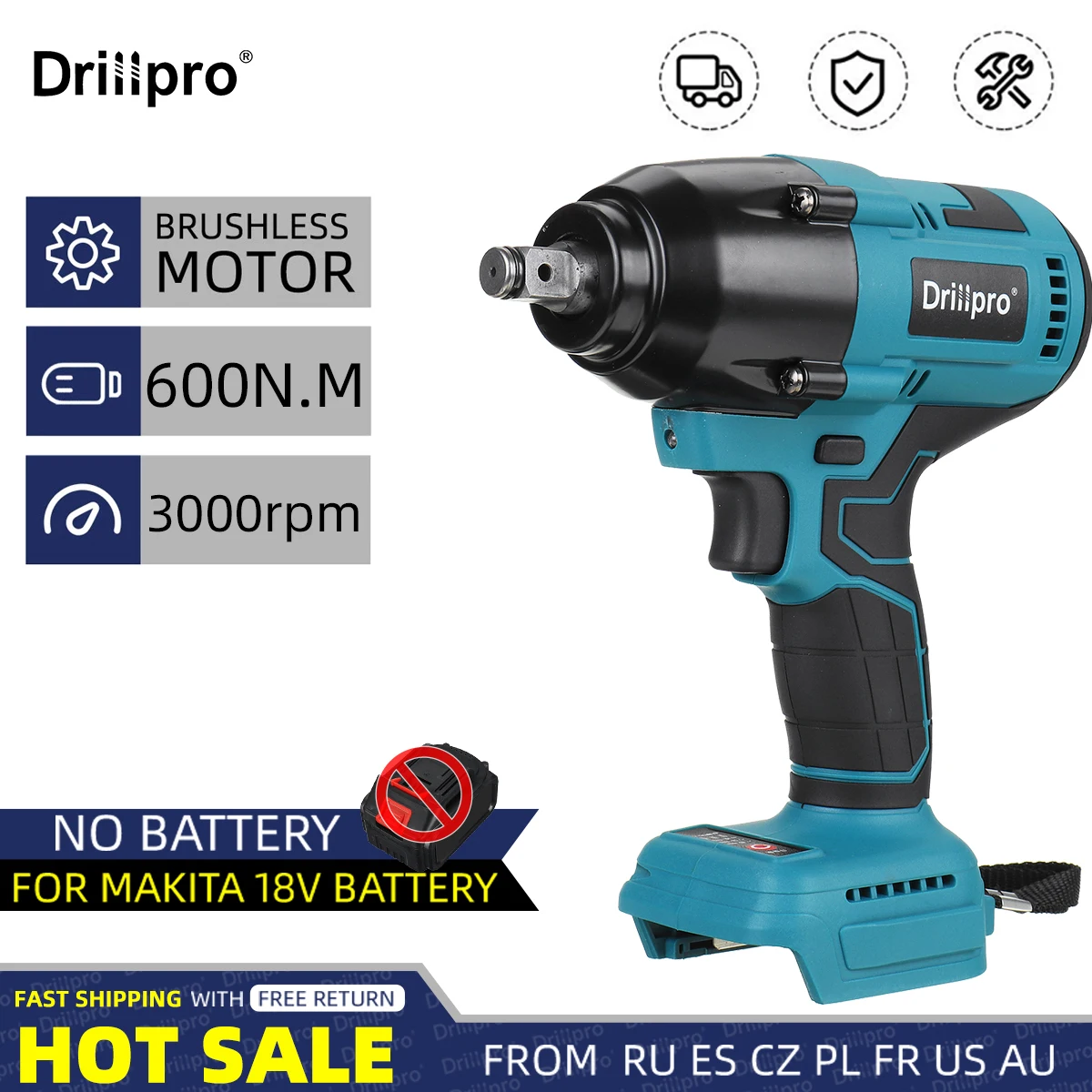 

Drillpro High Torque 600N.m Brushless Impact Wrench 1/2-inch Socket Wrench Car Truck Repair Power Tool For Makita 18V Battery