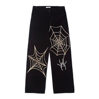 new high street jeans mens brand clothing trend spider web print design niche loose wide leg jeans fashion mens streetwear