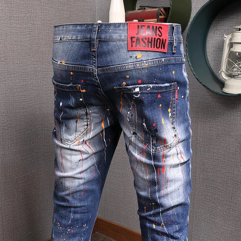 Street Fashion Men Jeans Retro Blue Elastic Stretch Slim Fit Painted Ripped Jeans Men Hole Patched Designer Hip Hop Denim Pants