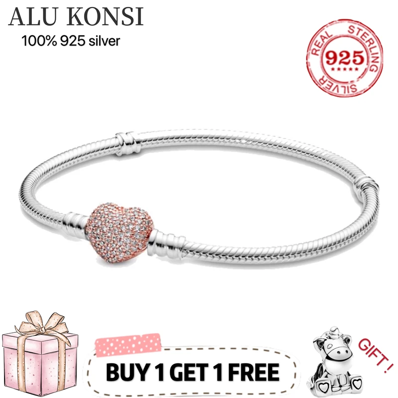 

Fit Original luxury 925 Sterling Silver pan bracelet love heart Snake Chain Charms Bangle For Women DIY high quality Jewelry