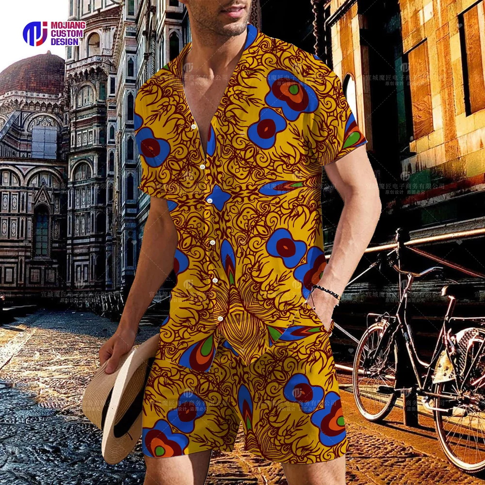 2023 Hawaiian Shirts Men Fashion Floral Geometric Print Shirts Single Breasted Beach Short Sleeve Tops Mens Vacation Wear