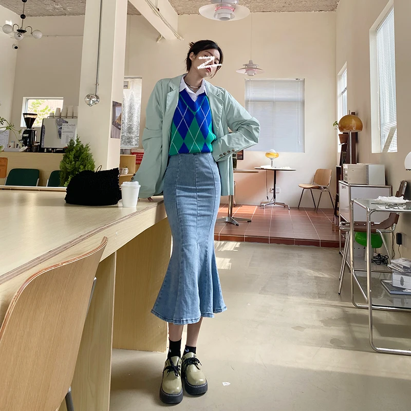 Женское джинсовое платье-Русалка однотонное облегающее платье с высокой талией