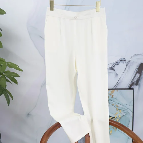Luxury brand White Women's 2023 Summer New Heavy Mulberry Silk Nine-point Elastic Waist Drape Pencil Pants FCY127