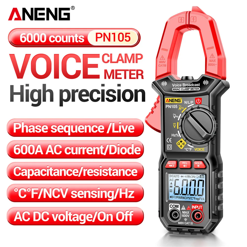 

ANENG PN105 Clamp Meter Digital Multimeter Non-contact Voice Control Ammeter 600A High Current Clamp Multimeter 34mm Jaw Design