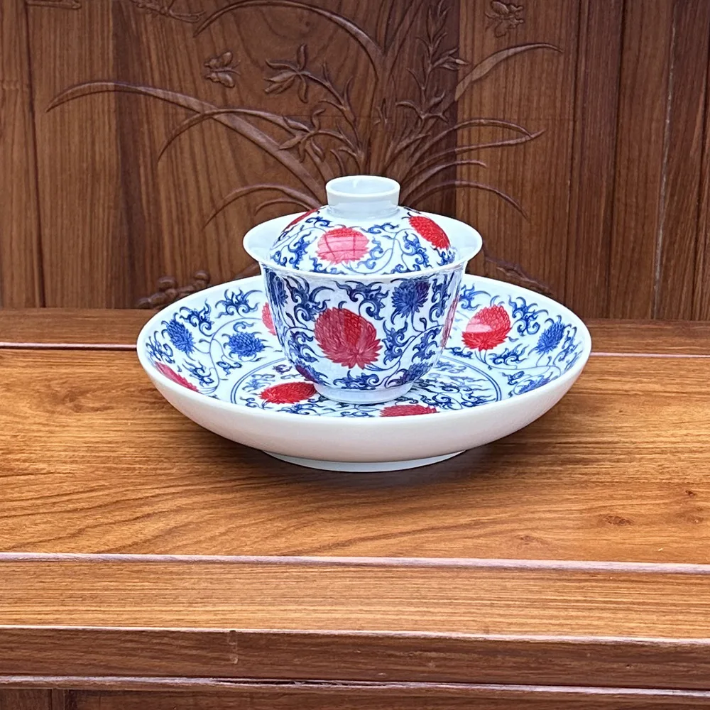 Цзиндэчжэнь ручной работы Ercai Tureen сине-белая глазурь красный чай чаша для