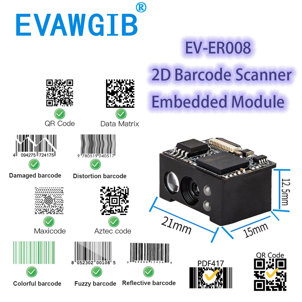 Evawgib Ev-er008 Incorporado Qrcode Leitor 2d Scanner de Código de Barras Módulo Usb Ttl Rs232 Alta Resolução Mini Tamanho