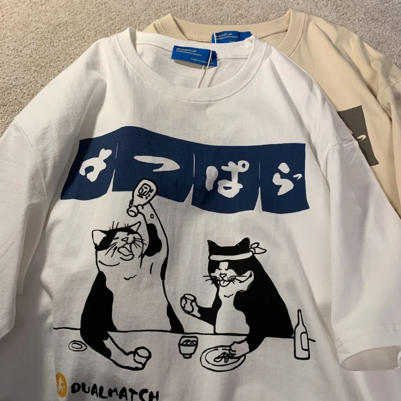 

Cartoon Print Summer Short Sleeve T-shirt Casual Versatile Vintage Harajuku Style Loose Couple Round Neck Top