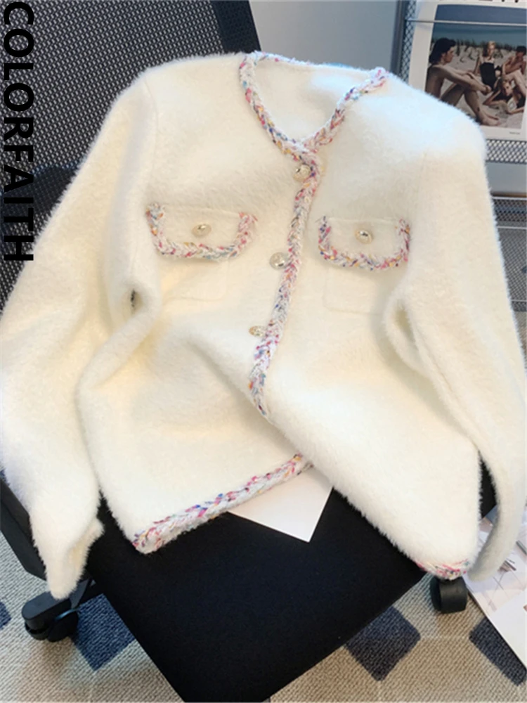 

Colorfaith SWC6501 Новинка 2022 корейская мода поддельные норковые кашемировые Женские винтажные осенние зимние вязаные кардиганы элегантные женски...