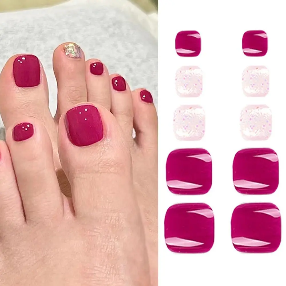 

24pcs Girls Toe Nails Square Foot Nails Tips French Fake Toenails Rose Red Full Cover