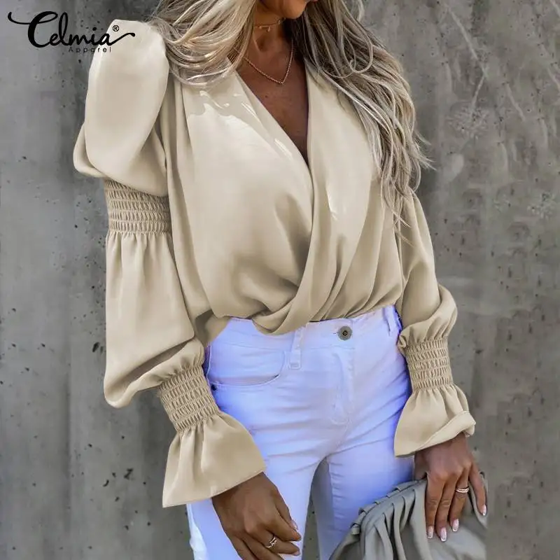 

Celmia 2022 Fashion Long Sleeve Shirts Women Silk Satin Blouses Sexy V Neck Cross Tunics Tops Casual Loose Elegant Party Blusas
