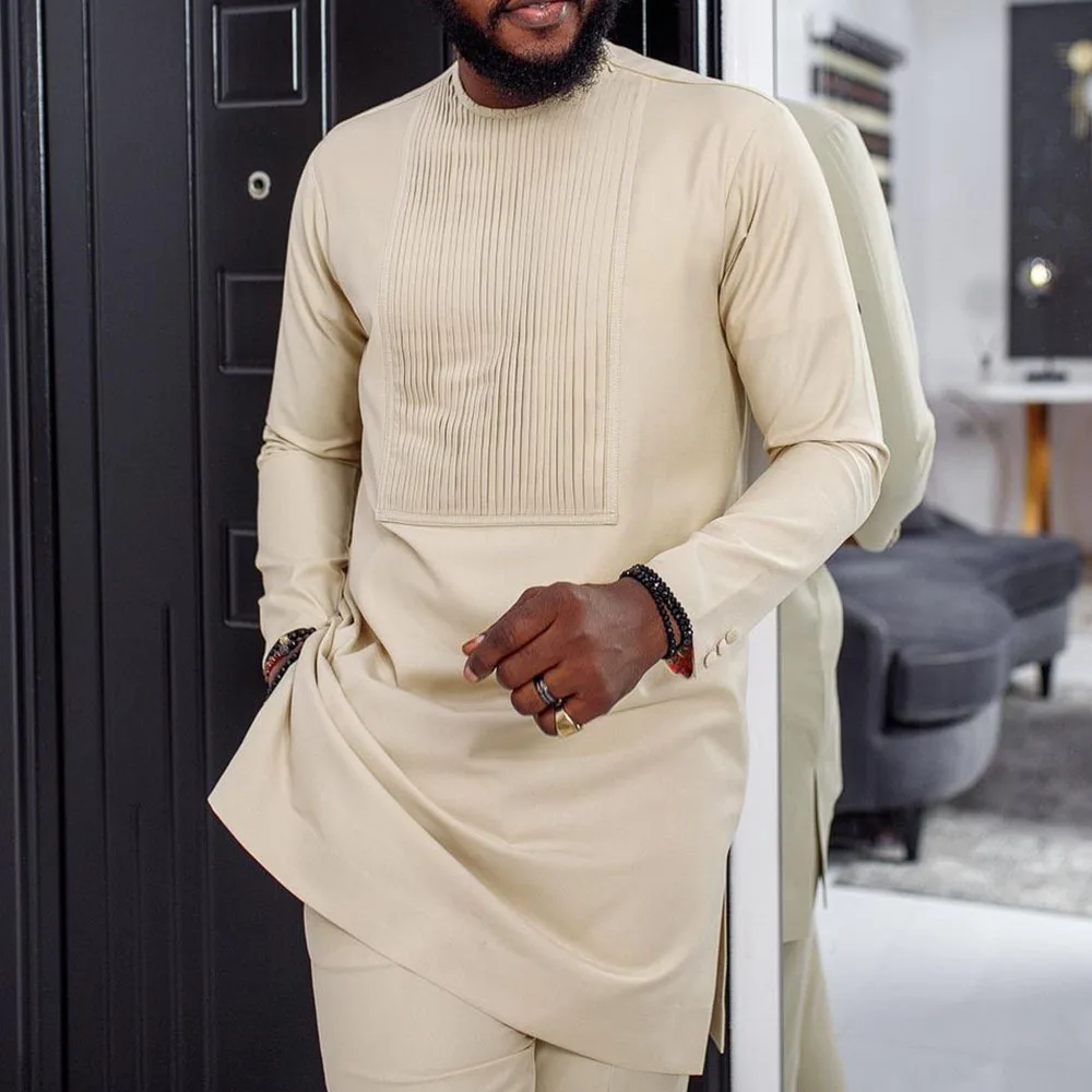 Muslim Shirt Men 2022 Fit Arab Youth Splicing Round Neck Solid Color Casual Shirt Male Long Sleeve Arabic Shirt