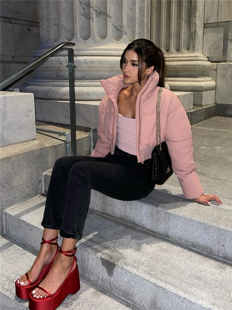 KEYANKETIAN Ladies Short Stand Collar Cotton Coat 2022 Autumn/Winter High Street New Thread Stitching Pink Ladies Coat