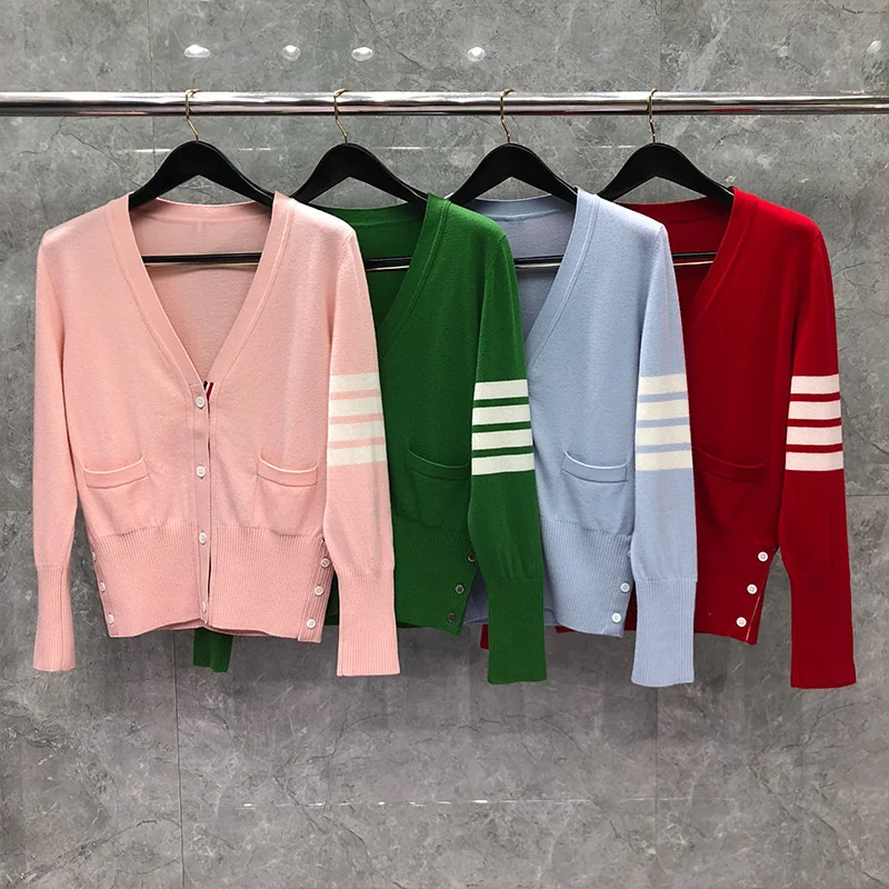 

2023 Fashion Luxury Brand TB Sweaters Women Slim Fit V-Neck Cardigan Clothing Striped Wool Cashmere Autumn Winter Casual Coat