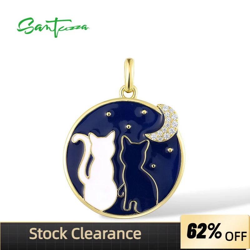 

SANTUZZA Authentic 925 Sterling Silver Pendant For Women White Cubic Zirconia Cat And Moon Round Fine Cute Jewelry Blue Enamel