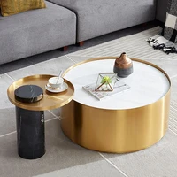 Modern minimalist round brass tea table, small-sized luxury stainless steel marble tea table for household use