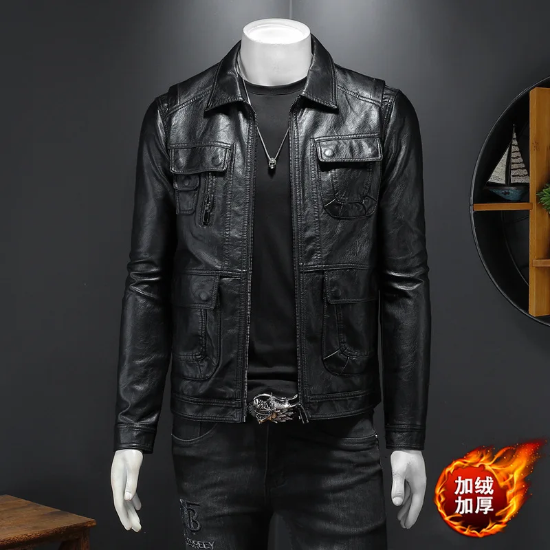 

2023 High-quality men's leisure handsome autumn and winter new men's lapel locomotive plus fleece coat slim-fit tide men's style