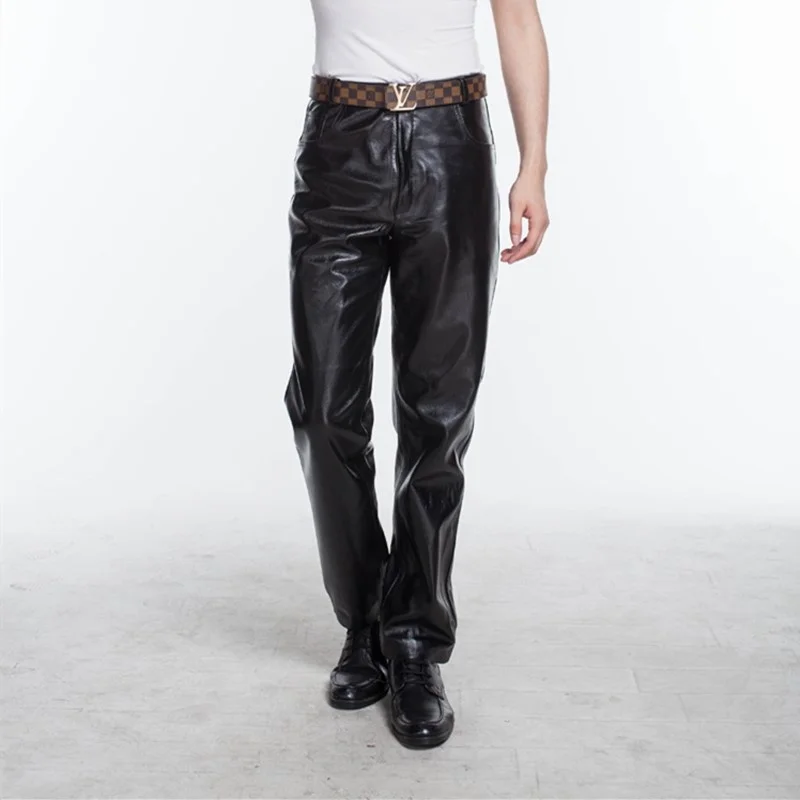 Mens Genuine Leather Pants High Waist Spring Autumn Winter Warm Pockets Casual Straight Pants Zipper Casual Full Length Pants