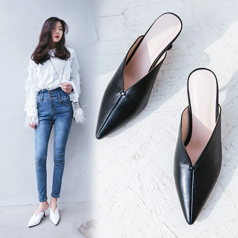 

NewCurve Mules for Women Genuine Leather Pointed Toe Thin Heels High Heels Slip-on Loafer Slingback Backless Casual Slippers