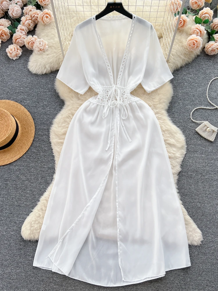 

Женское шифоновое платье Aibeautyer, повседневное однотонное облегающее короткое платье трапециевидной формы с V-образным вырезом и высокой талией, весна-лето