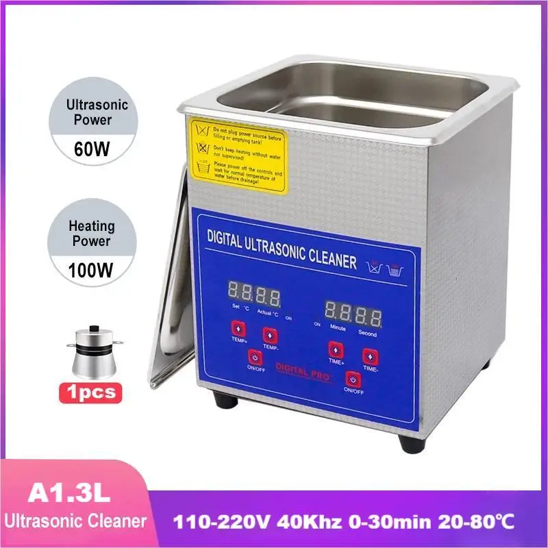 

1.3L Ultrasonic Cleaner 100W 60W Transducer Stainless Steel Bath 110V/220V Home Use Ultrasonic Cleaning Machine for Small Parts