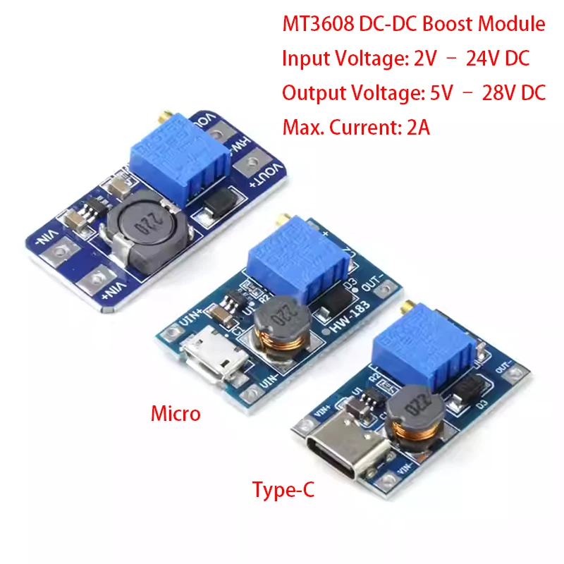 Фото 1/2/5 шт. Модуль повышающего преобразователя напряжения (Boost Converter) с выходом Type-C/USB 2A MT3608 DC-DC, максимальное напряжение 26В №3
